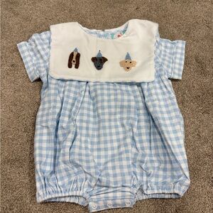 Blue Gingham Baby Romper with Embroidered Animals